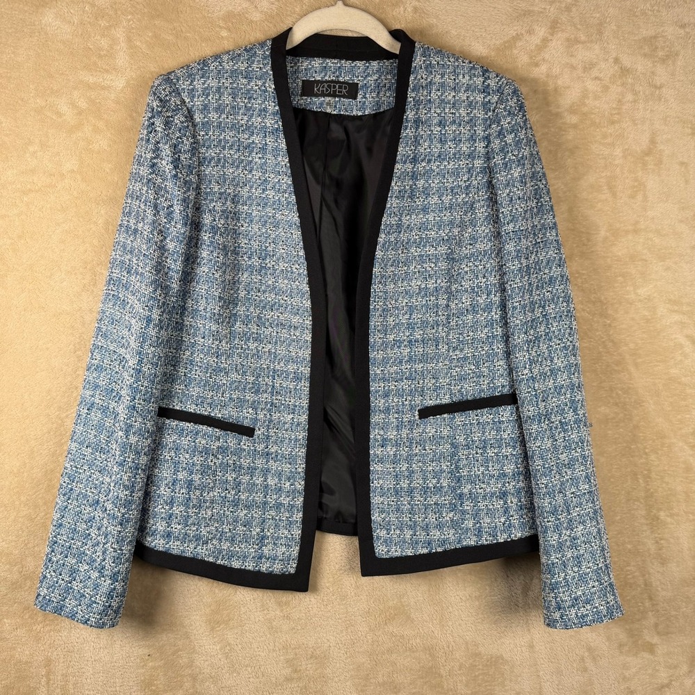 Kasper Women's Blue White Tweed Collarless Black Piping Open Front Blazer Size 6